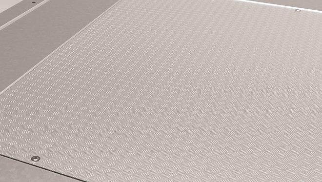 Aluminium plaat voor vloer van 5,0 m, fijnregeling met drie stangen. Beschermt de vloer eronder tegen hoge belastingen