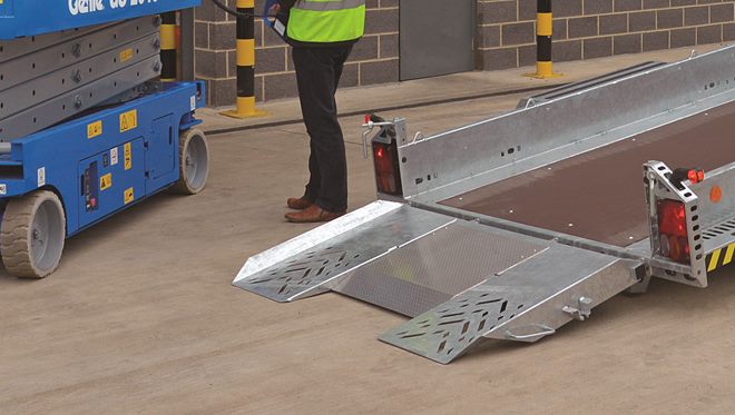 Loading ramp, one piece with spring lift assistance and twin 'knife edge' panels