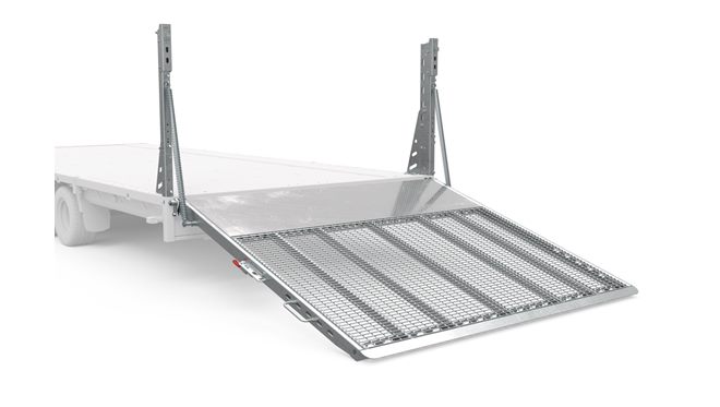 Pont de chargement haut pleine largeur avec assistance à ressort. Surface en aluminium avec grillage