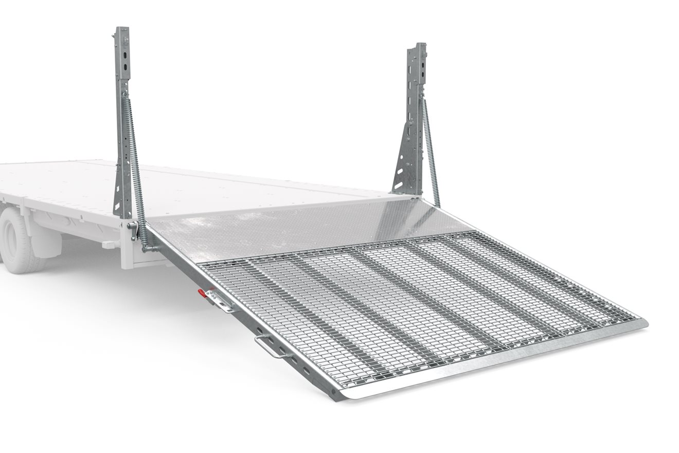 Pont de chargement haut pleine largeur avec assistance à ressort. Surface en aluminium avec grillage